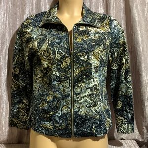 Christopher & Banks Jacket M Zip Up Black Cream Brown Long Sleeve Paisley Print